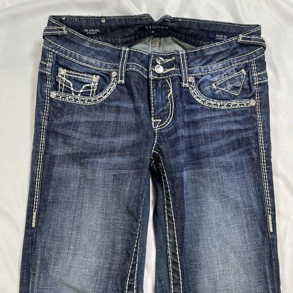Vigoss Jeans Women 26/32 The Chelsea Straight Blue Denim Stitching Rhinestone - Picture 2 of 12